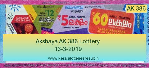 Akshaya Lottery AK 386 Result 13.3.2019