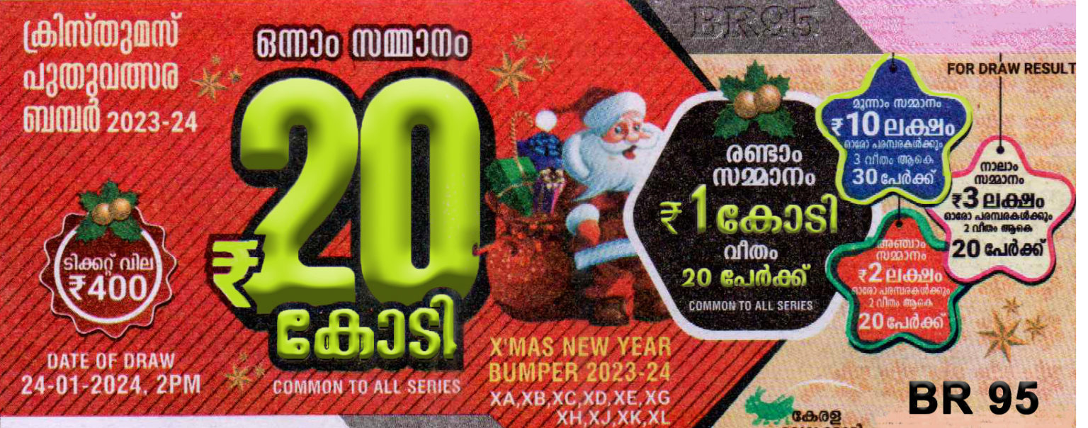 Christmas New Year Bumper BR 95 Result 24.1.2024 Kerala Lottery