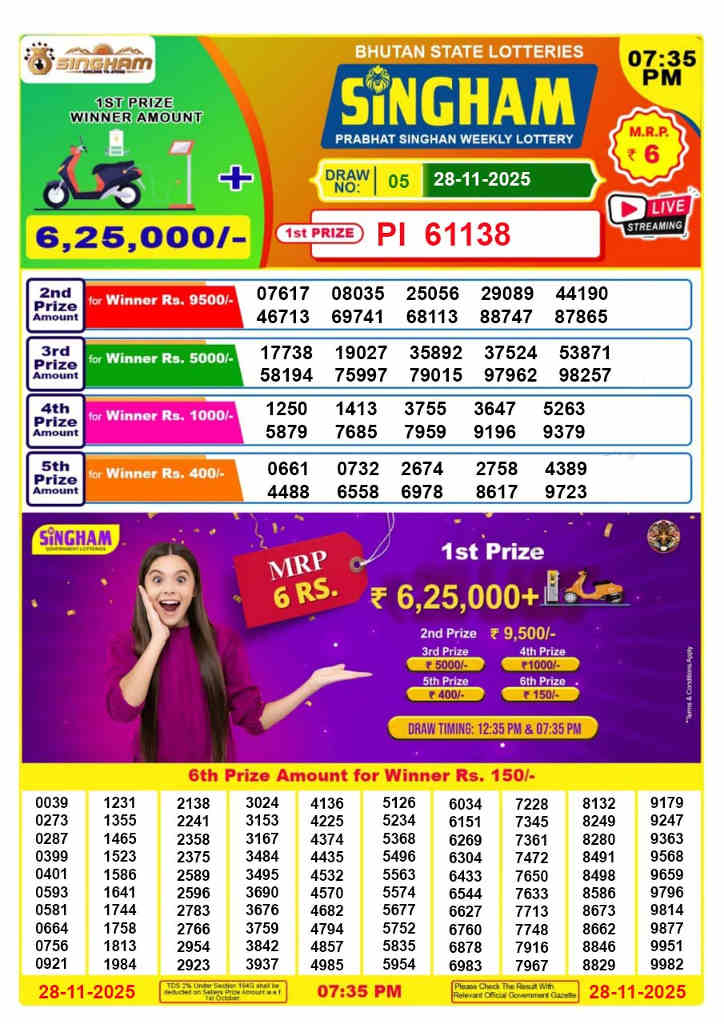 Bhutan Singham 7.35 pm Result 28.11.2025