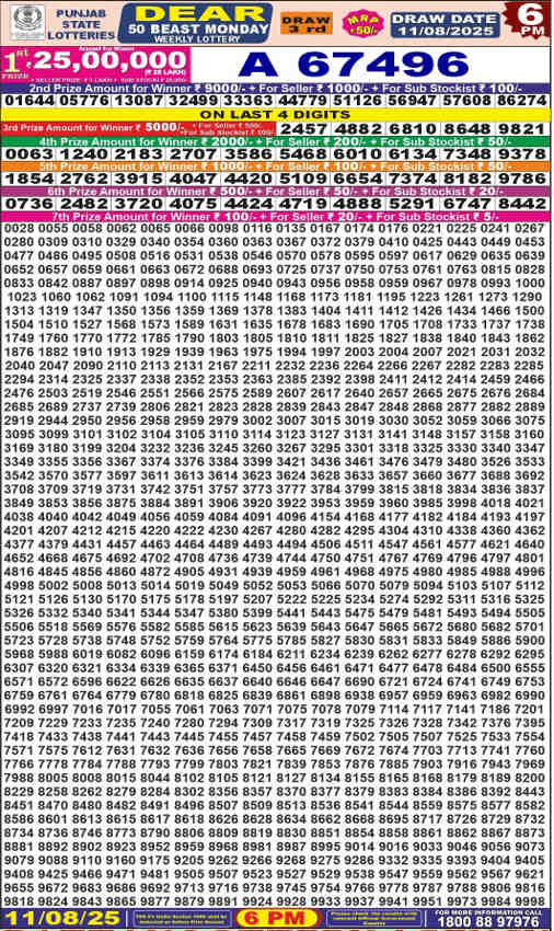Punjab Dear 50 Beast Monday Lottery Result 11.8.2025