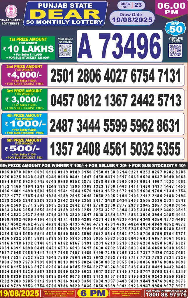 Punjab Dear 50 Monthly Lottery Result 19.8.2025