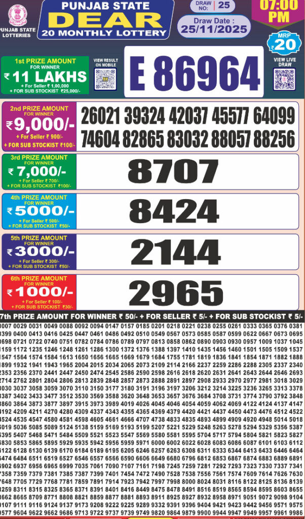 Punjab Dear 20 Result Today 25.11.2025