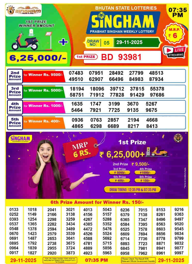 Bhutan Singham 7.35 pm Result 29.11.2025
