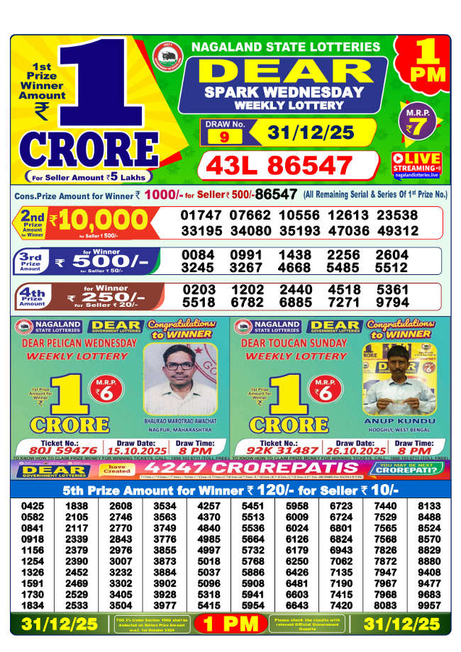 Lottery Sambad Result 1PM 31-12-2025