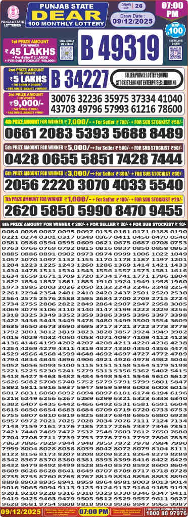 Punjab Dear 100 Monthly Lottery Result 09.12.2025