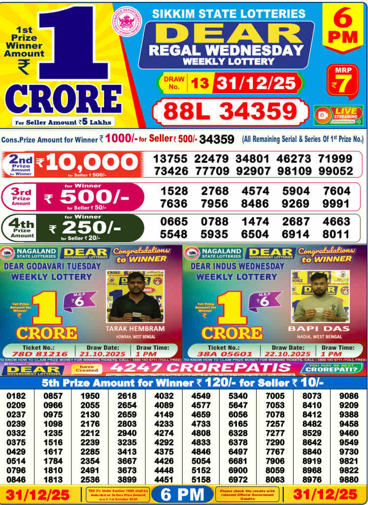 Lottery Sambad Result 6 PM 31-12-2025