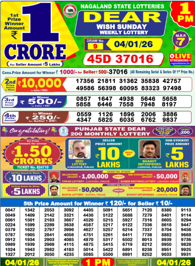 Lottery Sambad 1 PM result 04.01.2026