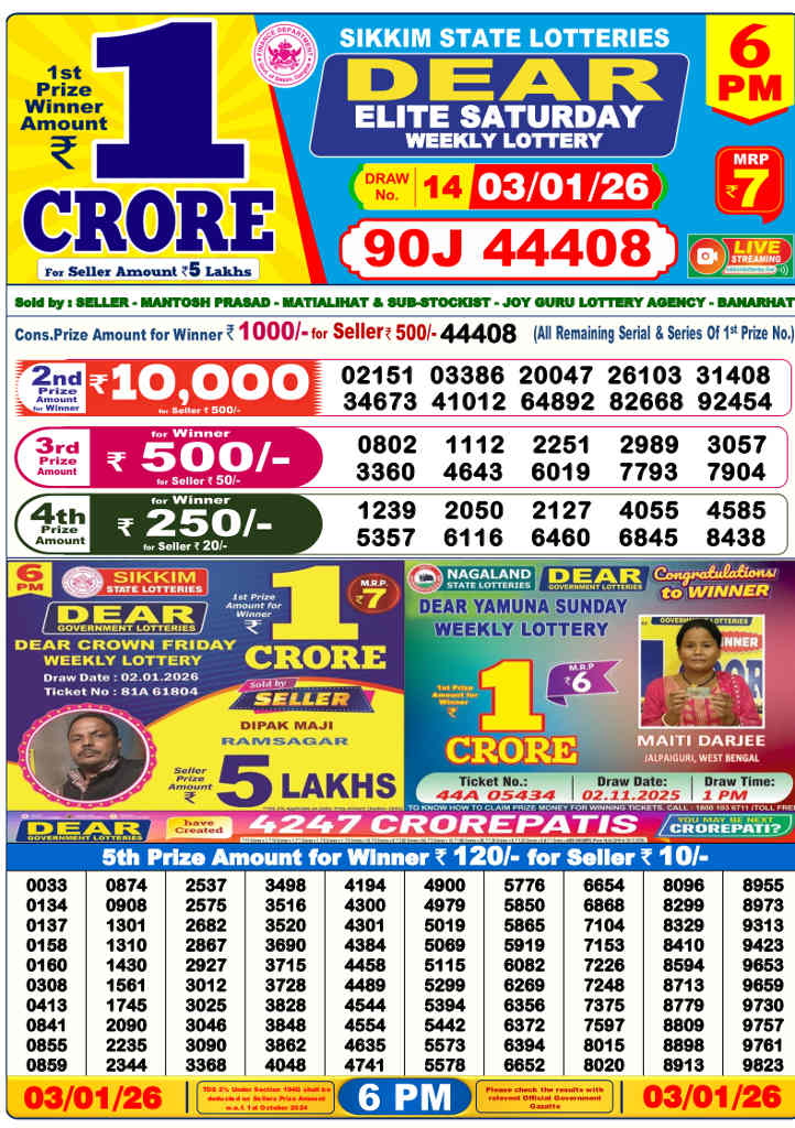 Lottery Sambad 6 PM result 03.01.2026