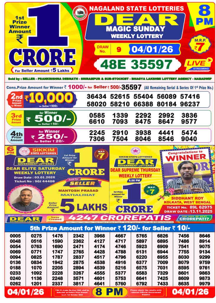 Lottery Sambad 8 PM result 04.01.2026