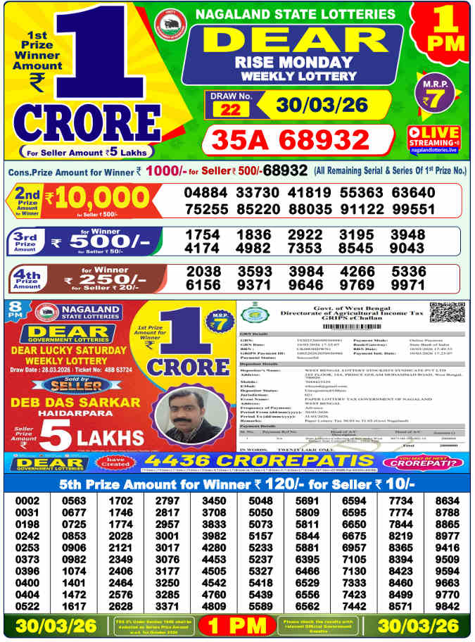 Lottery Sambad 1 PM Result 30.3.2026