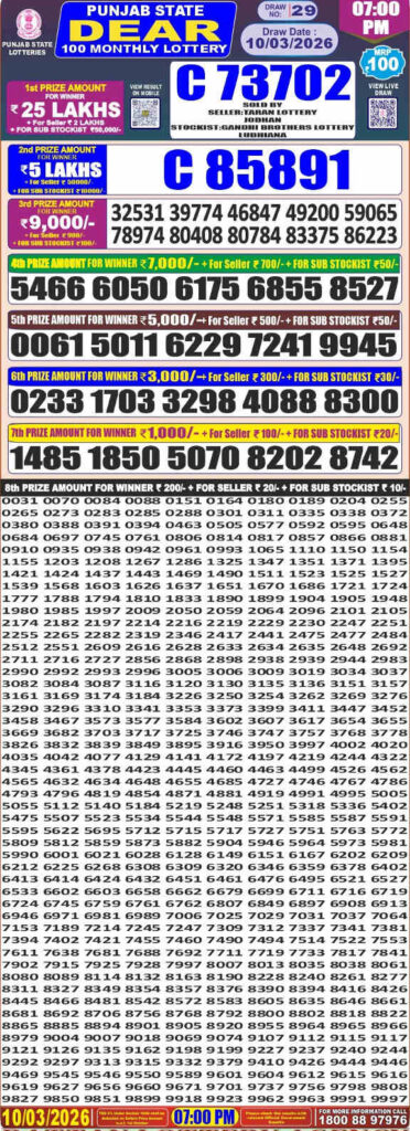 Punjab Dear 100 Monthly Lottery Result 10.03.2026
