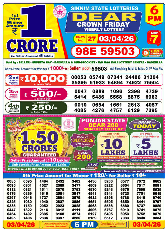 Lottery Sambad 6 PM result 3.4.2026